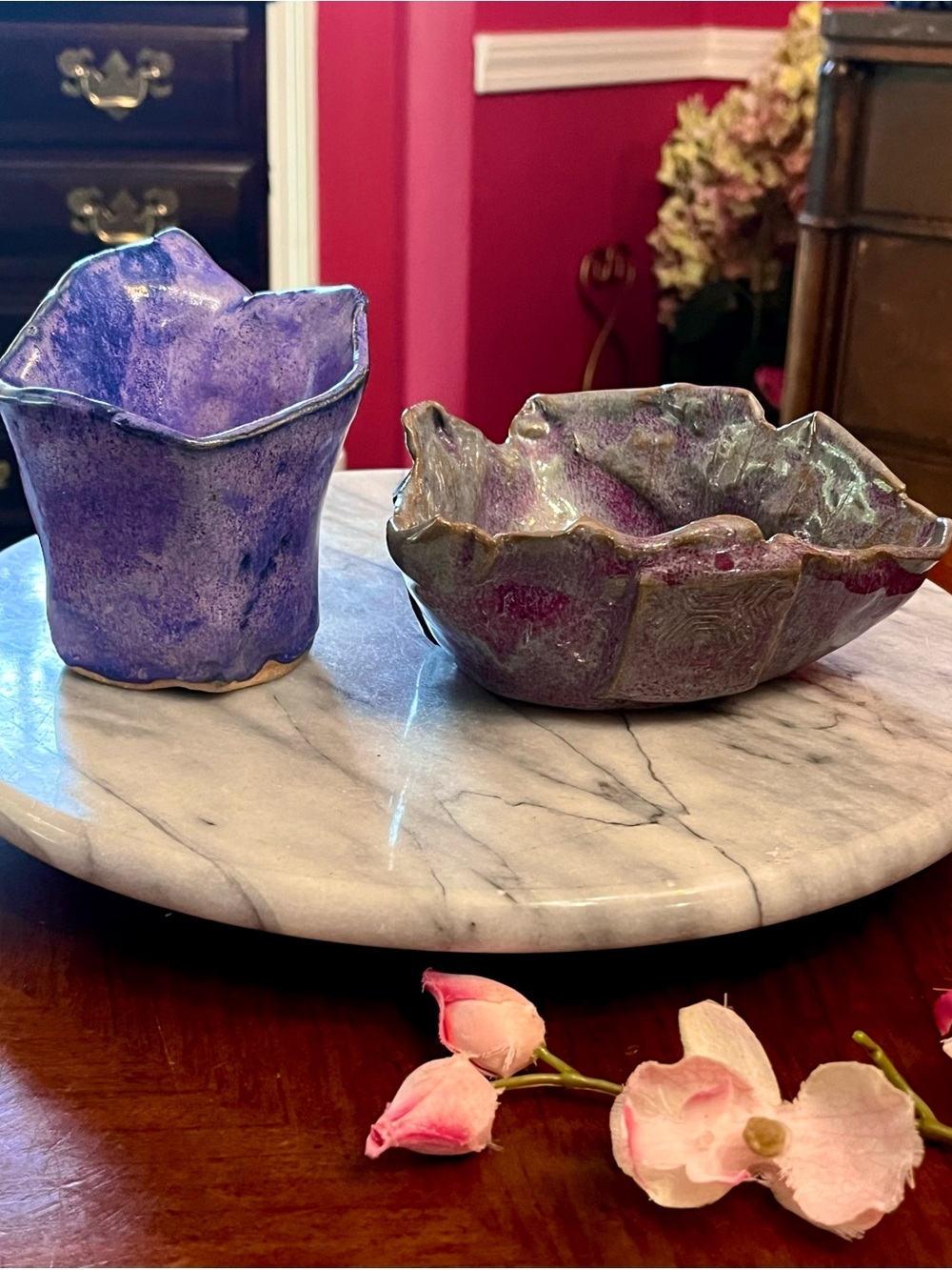 Pair of MAK Pottery Studio Art Ceramics Ruffled Slab-Built Lavender Bowl & Vase